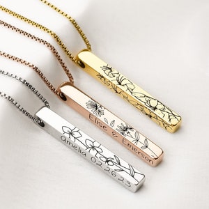 Birth Flower Engraved Pendant Bar Necklace, Personalized Gifts,  Mothers Day Gift for Mom, Family Name Necklace, Memorial Loss Gift Jewelry