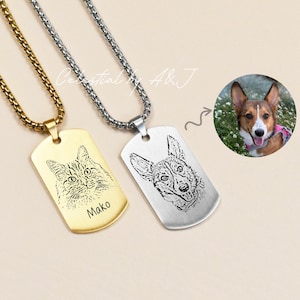 May include: Two dog tag necklaces with engraved pet portraits. One is gold-toned with a cat portrait and the name "Mako." The other is silver-toned with a dog portrait. A circular photo of a dog is next to the silver necklace.