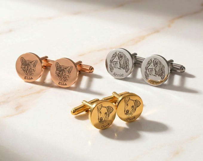 Pet Portrait Cuff Links, Memorial Loss Gift for Dog Dad, Engraved Groom Gifts for Him, Cat Cufflinks Wedding Gift for Groomsman, Fathers Day