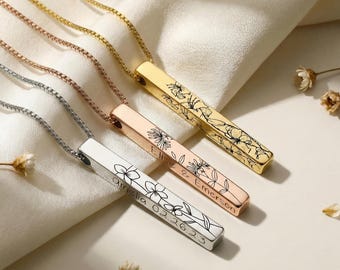 Birth Flower Engraved Pendant Bar Necklace, Personalized Gifts,  Mothers Day Gift for Mom, Family Name Necklace, Memorial Loss Gift Jewelry