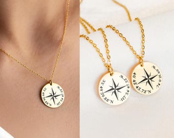 Collar con dije de coordenadas personalizado, regalo de graduación de larga distancia para una amiga, collar con brújula de latitud y longitud para despedidas de soltera para hija