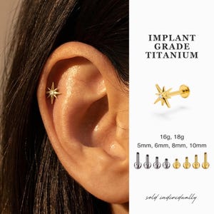 Pendiente pequeño de titanio con forma de estrella y parte trasera plana para piercings de cartílago. Sin rosca, hipoalergénico y resistente al deslustre. 16 g 18 g