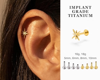 Tiny Starburst Titanium Stud Flat Back Earring for Cartilage Piercings. Threadless Flat Back, Hypoallergenic and Tarnish Free. 16g 18g