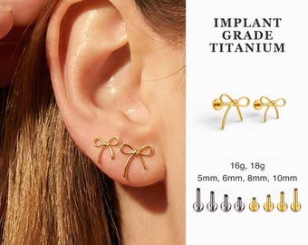 Dainty Ribbon Bow Knot Tie Stud Earrings  · Titanium Flatback Earrings · Cartilage Stud Earrings · 18K Gold ·  Nap Earrings 16G 18G