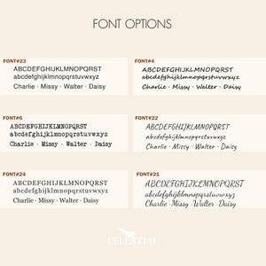 May include: A graphic showing six different font options for a name. The fonts are labeled with numbers 23, 4, 6, 22, 24, and 21. Each font is shown with the alphabet in uppercase and lowercase, followed by the names Charlie, Missy, Walter, and Daisy.