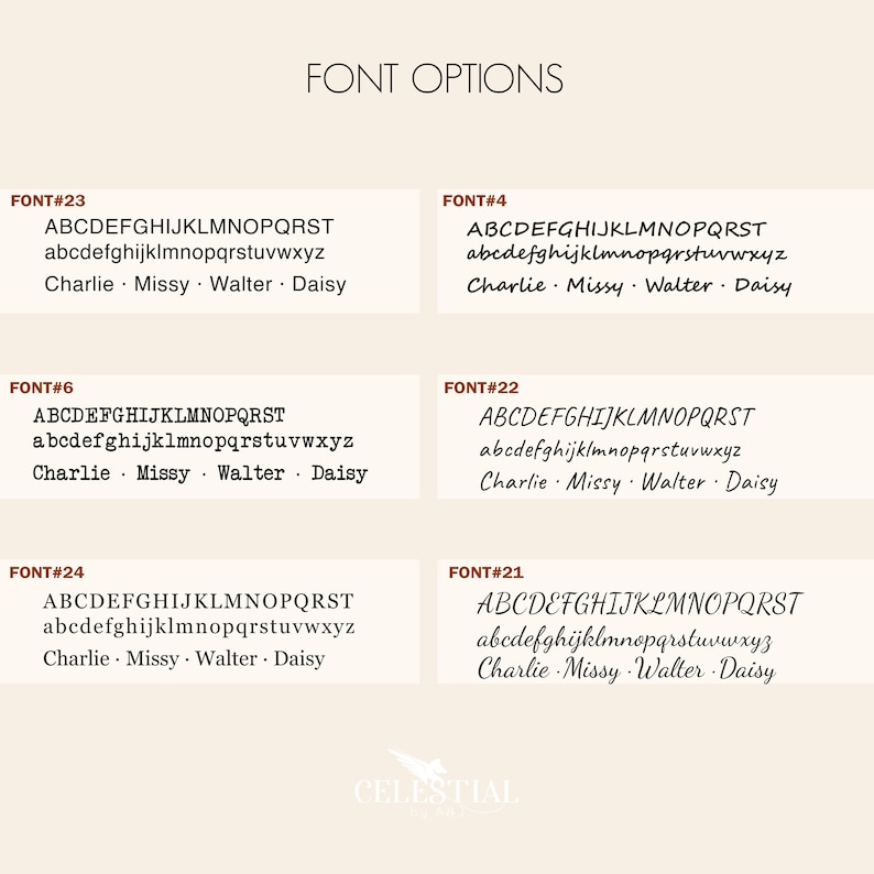 May include: A graphic showing six different font options for a name. The fonts are labeled with numbers 23, 4, 6, 22, 24, and 21. Each font is shown with the alphabet in uppercase and lowercase, followed by the names Charlie, Missy, Walter, and Daisy.