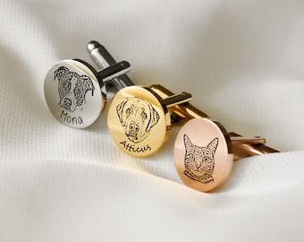 Pet Portrait Cuff Links, Memorial Loss Gift for Dog Dad, Engraved Groom Gifts for Him, Cat Cufflinks Wedding Gift for Groomsman, Fathers Day