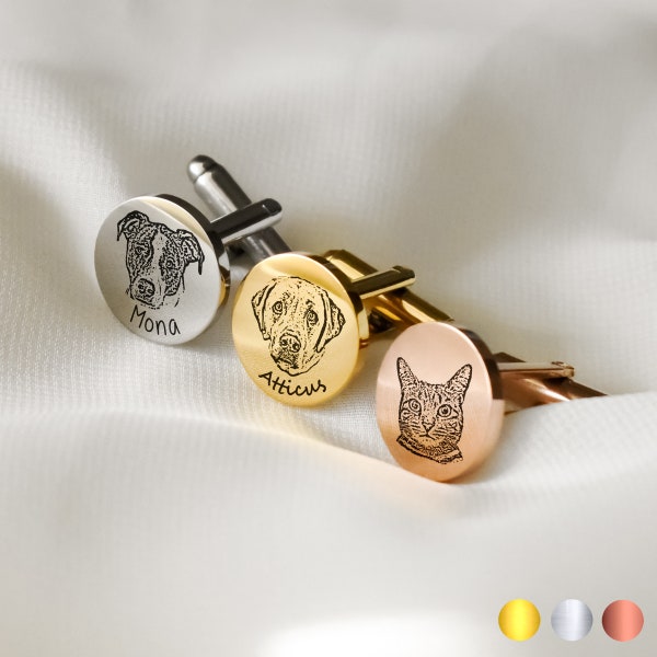 Pet Portrait Cuff Links, Memorial Loss Gift for Dog Dad, Engraved Groom Gifts for Him, Cat Cufflinks Wedding Gift for Groomsman, Fathers Day