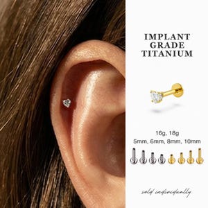 Könnte beinhalten: Nahaufnahme eines Ohrs mit einem herzförmigen Ohrstecker. Das Bild zeigt auch einen goldfarbenen Titan-Ohrring mit einem klaren, herzförmigen Edelstein. Der Text lautet "IMPLANT GRADE TITANIUM" und "16g, 18g, 5mm, 6mm, 8mm, 10mm."
