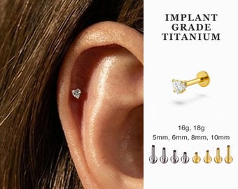 CZ Heart Titanium Internally Threaded Flat Back Earring • Cartilage Stud • Helix • Tragus • Nose Piercing Stud • 18G 16G • Hypoallergenic