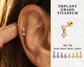 Titanium Flat Back Dainty Dangle Earring • Internally Threaded CZ Helix• Hypoallergenic Cartilage Stud for Tragus, Second Lobe, Helix