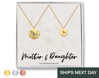 Mother Daughter Necklace Set, Mothers Day Jewelry, Dandelion Necklace, Gift for Mom from Daughter, Matching Engraved Sister Mother Gifts