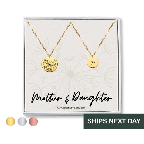 Mother Daughter Necklace Set, Mothers Day Jewelry, Dandelion Necklace, Gift for Mom from Daughter, Matching Engraved Sister Mother Gifts