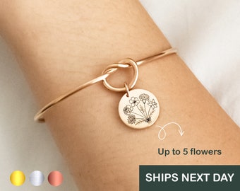 Pulsera combinada de ramo de flores del mes de nacimiento, regalo del Día de las Madres, pulsera de nudo floral de ramo de flores personalizada, pulsera de disco personalizada