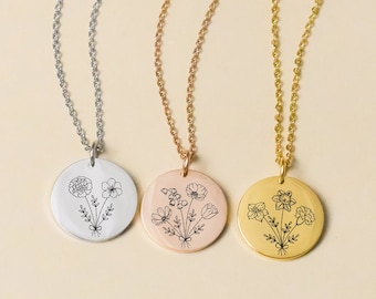 Gecombineerde geboortemaand bloemboeket ketting, geboorte bloem familie ketting, gepersonaliseerde cadeaus voor haar, boeket bloem verjaardagscadeau voor moeder