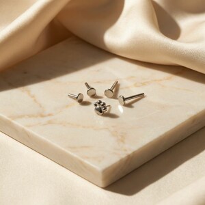May include: A collection of small, silver-colored body jewelry, including several flat-topped studs and a paw print design. The pieces are arranged on a marble-patterned surface, with a soft, cream-colored fabric in the background.