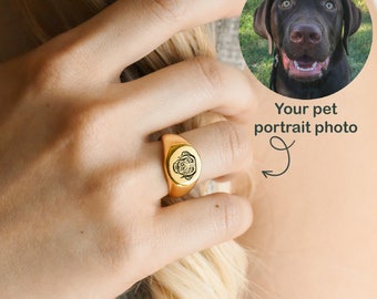 Mothers Day · Pet Photo Portrait Custom Signet Ring for Dog Mom, Memorial Dog Cat Engraved Gifts, Pet Loss Sympathy, Adoption Gift for Her