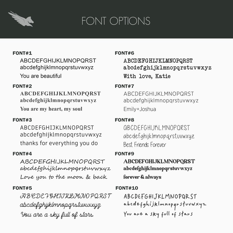 May include: A graphic showing 10 different font styles with the text "ABCDEFGHIJKLMNOPQRST abcdefghijklmnopqrstuvwxyz" and a short phrase below each font style. The fonts are numbered 1 through 10.