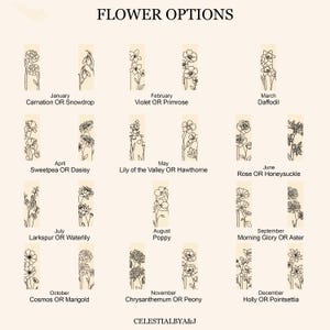 May include: A chart with twelve illustrations of flowers, each representing a different month of the year. The flowers are drawn in black line art and labeled with the month and two flower names, for example, "January: Carnation OR Snowdrop".