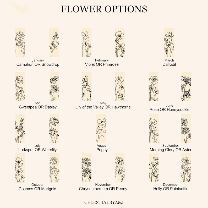 May include: A chart with twelve illustrations of flowers, each representing a different month of the year. The flowers are drawn in black line art and labeled with the month and two flower names, for example, "January: Carnation OR Snowdrop".
