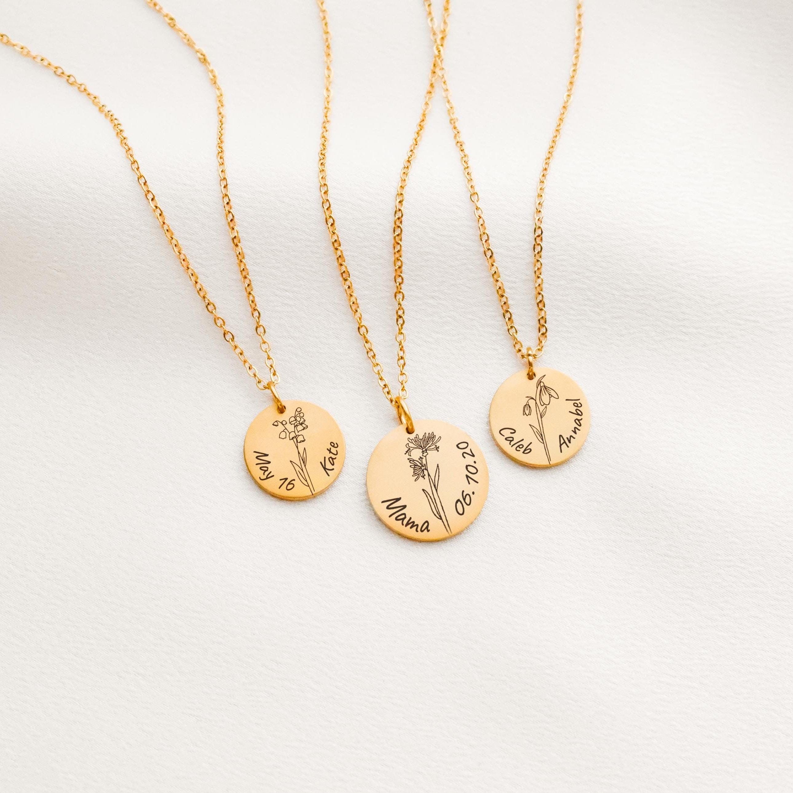 Birth Flower Disc Necklace Gift for Women Mom Mothers Day Aunt Gold Jewelry Personalized with Names, Birthday Gifts for Sisters on Christmas