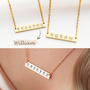 Sign Language ASL Personalized Name Bar Necklace · Name Necklace in Sign Language, Hand Gesture Jewelry, Custom Silver Bar Necklace Gifts