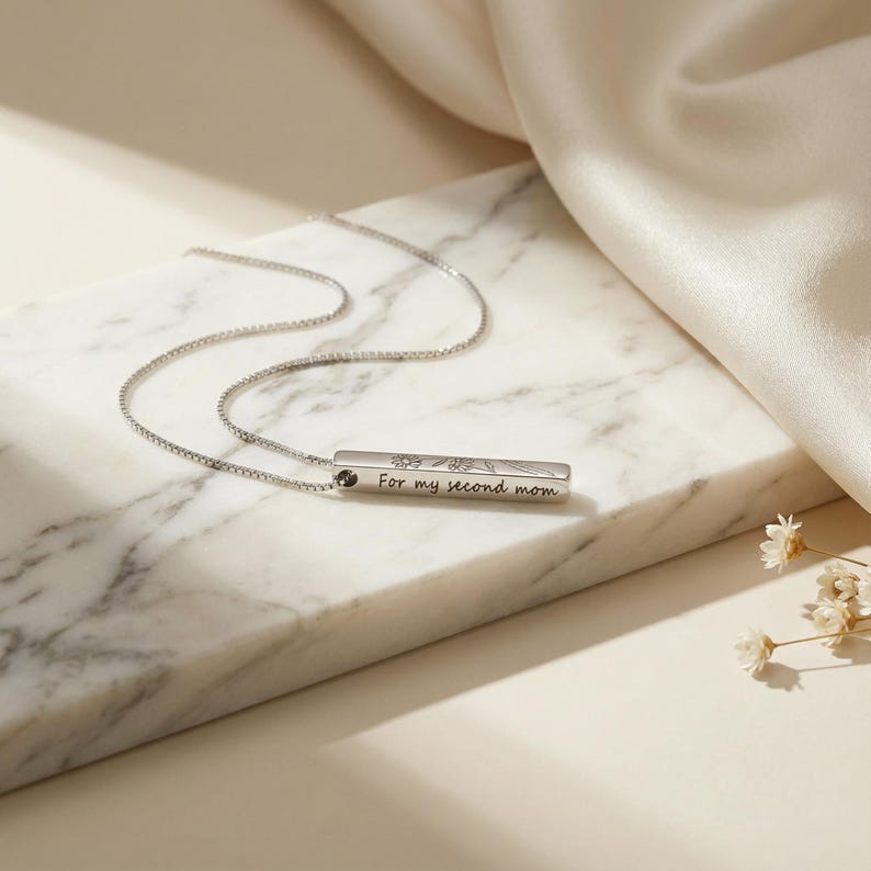 Birth Flower Engraved Pendant Bar Necklace, Personalized Gifts, Mothers Day Gift for Mom, Family Name Necklace, Memorial Loss Gift Jewelry image 8
