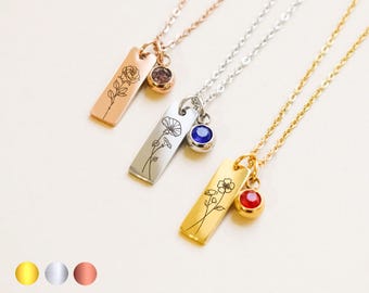 Birth Month Flower Necklace With Birth Stone, Personalized Birth Flower Necklace, Mother&#39;s Day Gift, Birthday Gifts, Valentines Day Gift