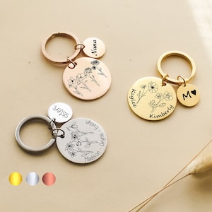 Personalized Name Initials Birth Flower Key Chain ,Engraved New Baby Mothers Day Birthday Key Ring Gifts for Mom, Grandma, Gift for Sisters