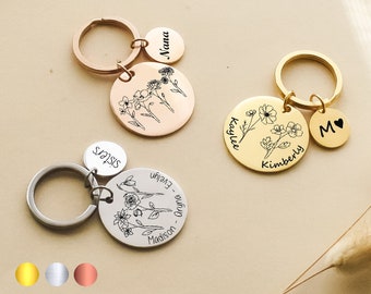Personalized Name Initials Birth Flower Key Chain ,Engraved New Baby Mothers Day Birthday Key Ring Gifts for Mom, Grandma, Gift for Sisters