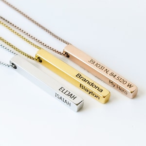 Personalized 3D Vertical Bar Necklace, Customize 4 Sides with Engraving, Valentines Day Gift for Mom, Family Name Necklace Gift for Her