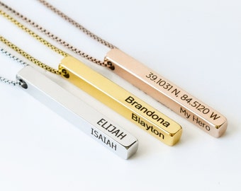 Personalized 3D Vertical Bar Necklace, Customize 4 Sides with Engraving, Valentines Day Gift for Mom, Family Name Necklace Gift for Her