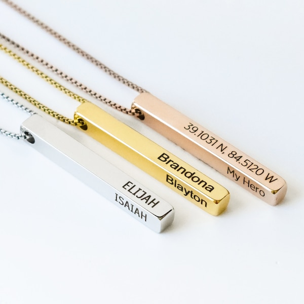 Personalized 3D Vertical Bar Necklace, Customize 4 Sides with Engraving, Valentines Day Gift for Mom, Family Name Necklace Gift for Her