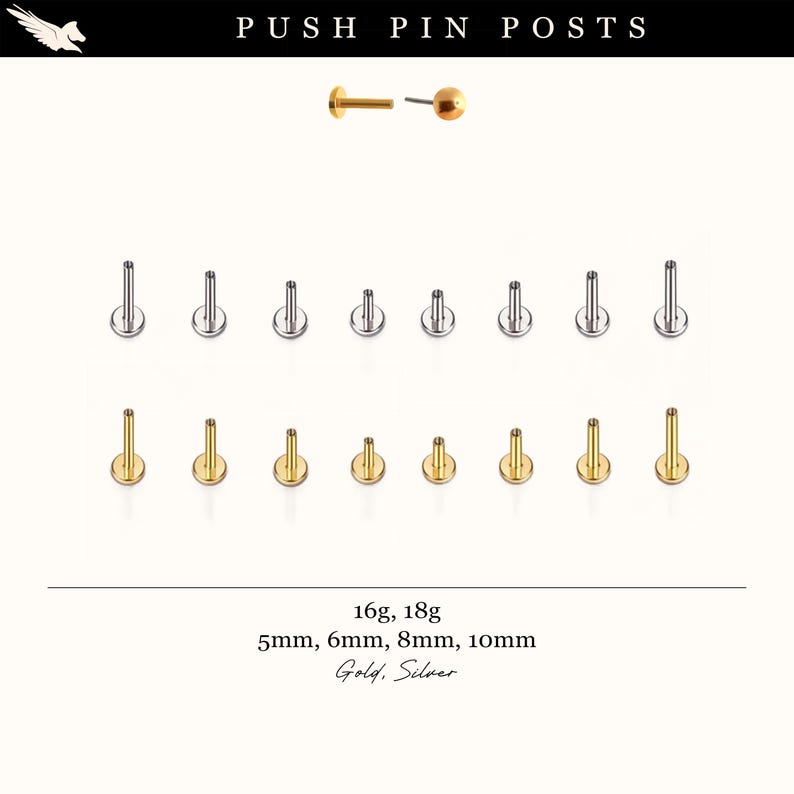 May include: An assortment of push pin posts in gold and silver. The image displays various sizes, including 5mm, 6mm, 8mm, and 10mm, with gauges of 16g and 18g. The text "PUSH PIN POSTS" is at the top.