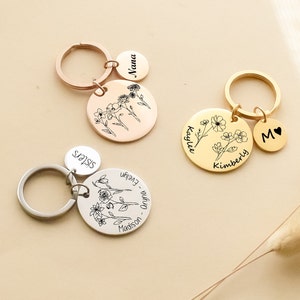 Personalized Name Initials Birth Flower Key Chain ,Engraved New Baby Mothers Day Birthday Key Ring Gifts for Mom, Grandma, Gift for Sisters
