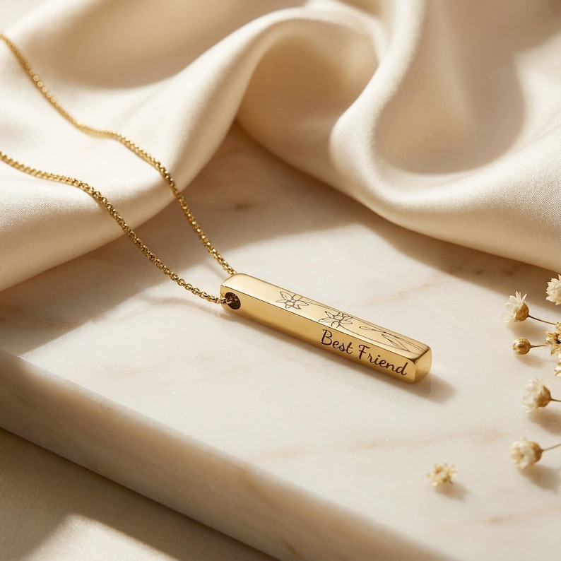 Birth Flower Engraved Pendant Bar Necklace, Personalized Gifts, Mothers Day Gift for Mom, Family Name Necklace, Memorial Loss Gift Jewelry image 2