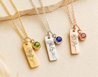 Birth Month Flower Necklace With Birth Stone, Personalized Birth Flower Necklace, Mother's Day Gift, Birthday Gifts, Valentines Day Gift