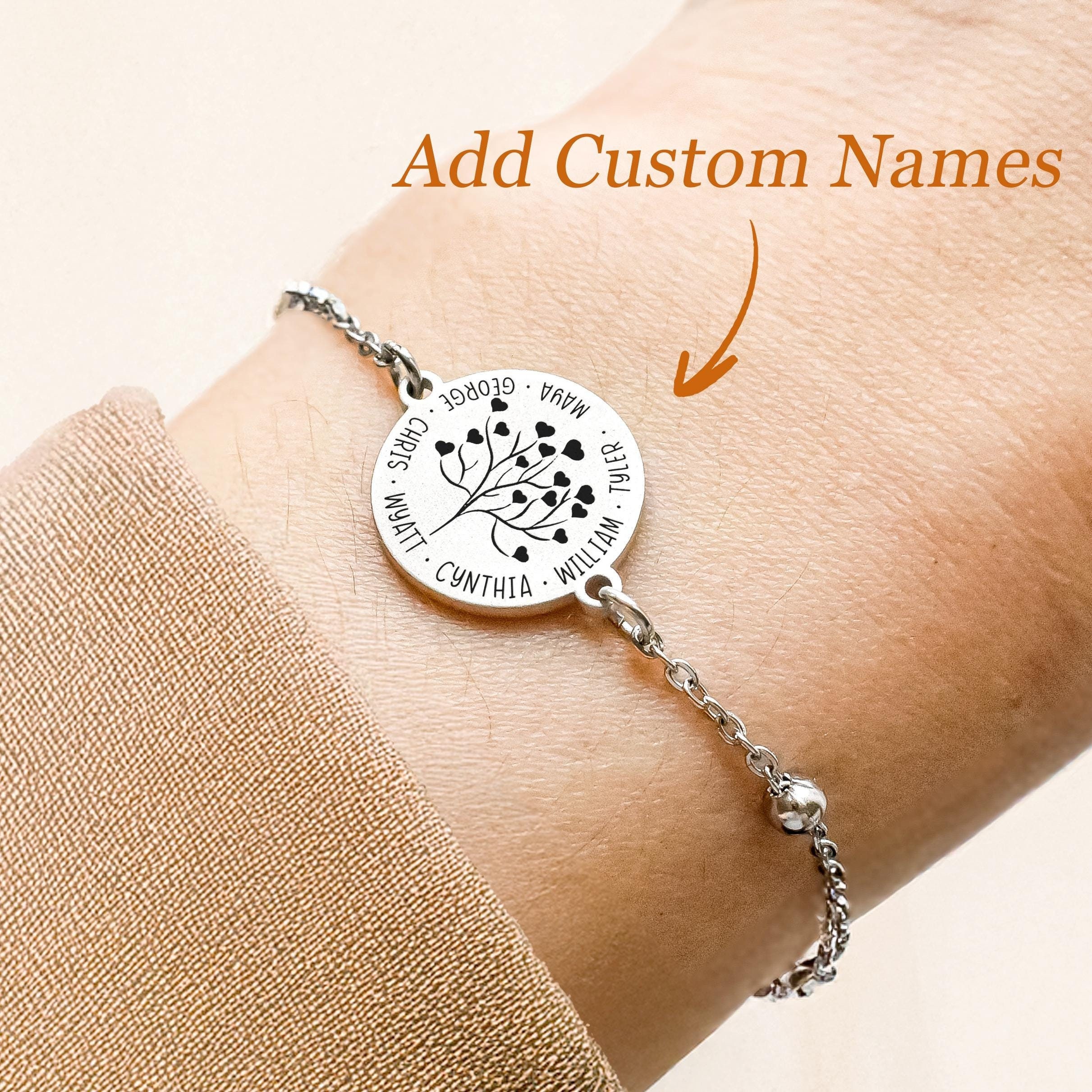Family Tree Bracelet with Custom Names - Mother's Day Gift for Mom, Grandma, Friends Birthday, Silver Personalized Jewelry Valentines Gift