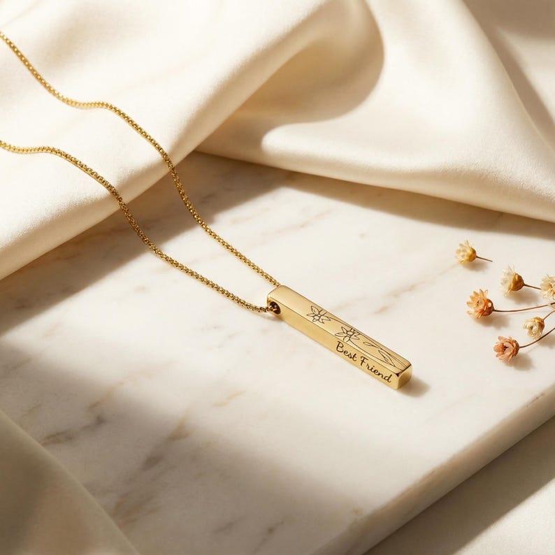 Birth Flower Engraved Pendant Bar Necklace, Personalized Gifts, Mothers Day Gift for Mom, Family Name Necklace, Memorial Loss Gift Jewelry image 11