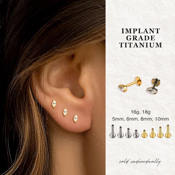 18G / 16G Oval CZ Titan Labret Ohrstecker • Gewindelose Druckstifte Ohrstecker mit flacher Rückseite • Tragus Bolzen • Flache Rückseite Bolzen • Helix Bolzen • Knorpel · Nase