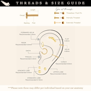 May include: An illustrated guide to ear piercing jewelry, featuring diagrams of ear anatomy with labeled piercing locations like the helix, tragus, and lobe. The guide also shows different thread types and jewelry components.