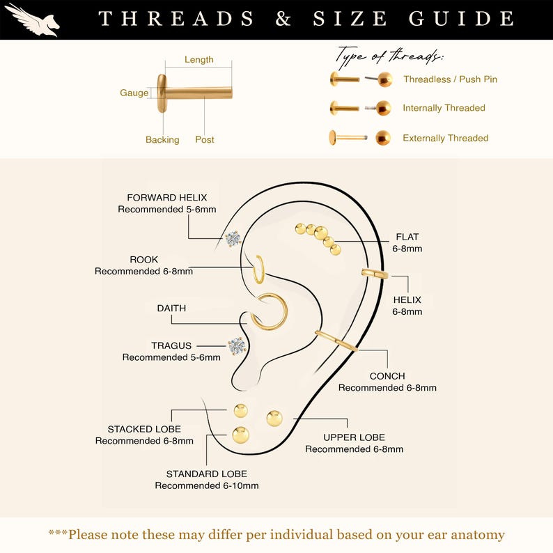 May include: An illustrated guide to ear piercing jewelry, featuring diagrams of ear anatomy with labeled piercing locations like the helix, tragus, and lobe. The guide also shows different thread types and jewelry components.
