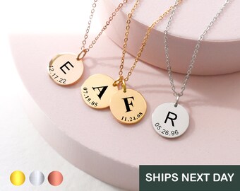 Personalized Initial Necklace, Initial Date Engraved Coin Necklace, Personalized Gift, Best Friends, Mothers Day Gift, Gold Coin Necklace