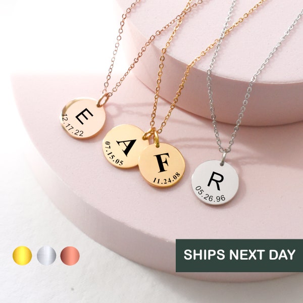 Personalized Initial Necklace, Initial Date Engraved Coin Necklace, Personalized Gift, Best Friends, Mothers Day Gift, Gold Coin Necklace