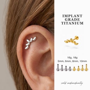 May include: A silver-colored, curved ear piercing with a leaf design is shown on an ear. The image also displays a gold-colored ear piercing with a leaf design. Text on the image reads "IMPLANT GRADE TITANIUM" and "sold individually."