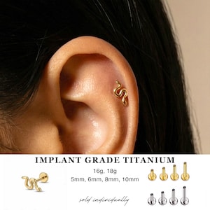 May include: A gold-colored snake-shaped ear piercing stud is shown on an ear. The image includes text that reads "IMPLANT GRADE TITANIUM" and "16g, 18g" and "5mm, 6mm, 8mm, 10mm". The text "sold individually" is also present. Additional studs are shown.