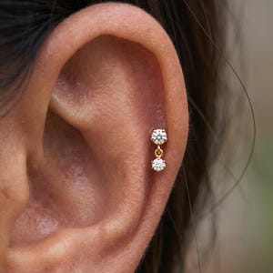 Titanium Flat Back Dainty Dangle Earring • Internally Threaded CZ Helix• Hypoallergenic Cartilage Stud for Tragus, Second Lobe, Helix
