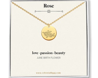 June Birthday Gift Birth Month Flower Necklace Personalized Engraved Gift for Her, Best Friends Gift Box, Rose Necklace, Birth Month Jewelry