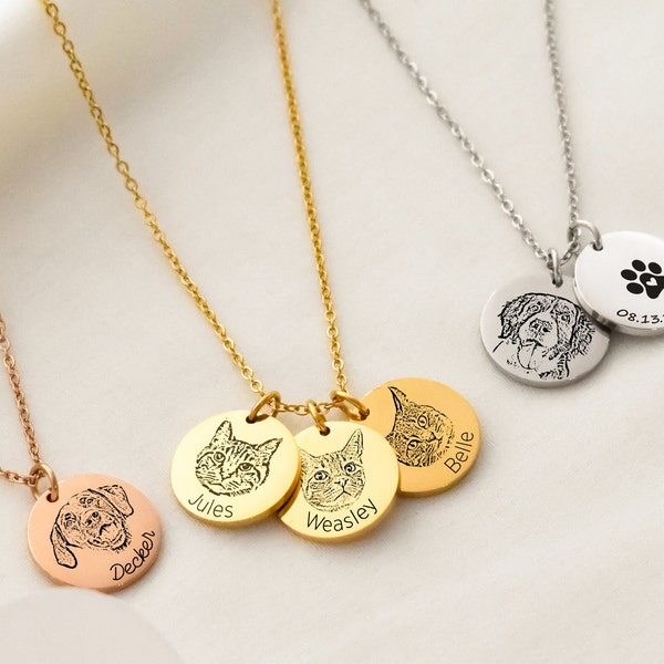 Engraved Pet Portrait Necklace, Dog Loss Grief Gift, Cat Memorial Jewelry, Pet Photo Gifts for Friend, Dog Parents Adoption and Pet Loss