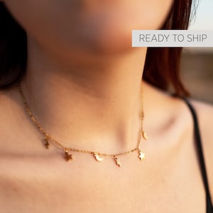 Dainty Moon, Star, & Lighting Dangle Necklace, Layering Star Moon Necklace, Bohemian Jewelry, Trendy Choker, Celestial Necklace